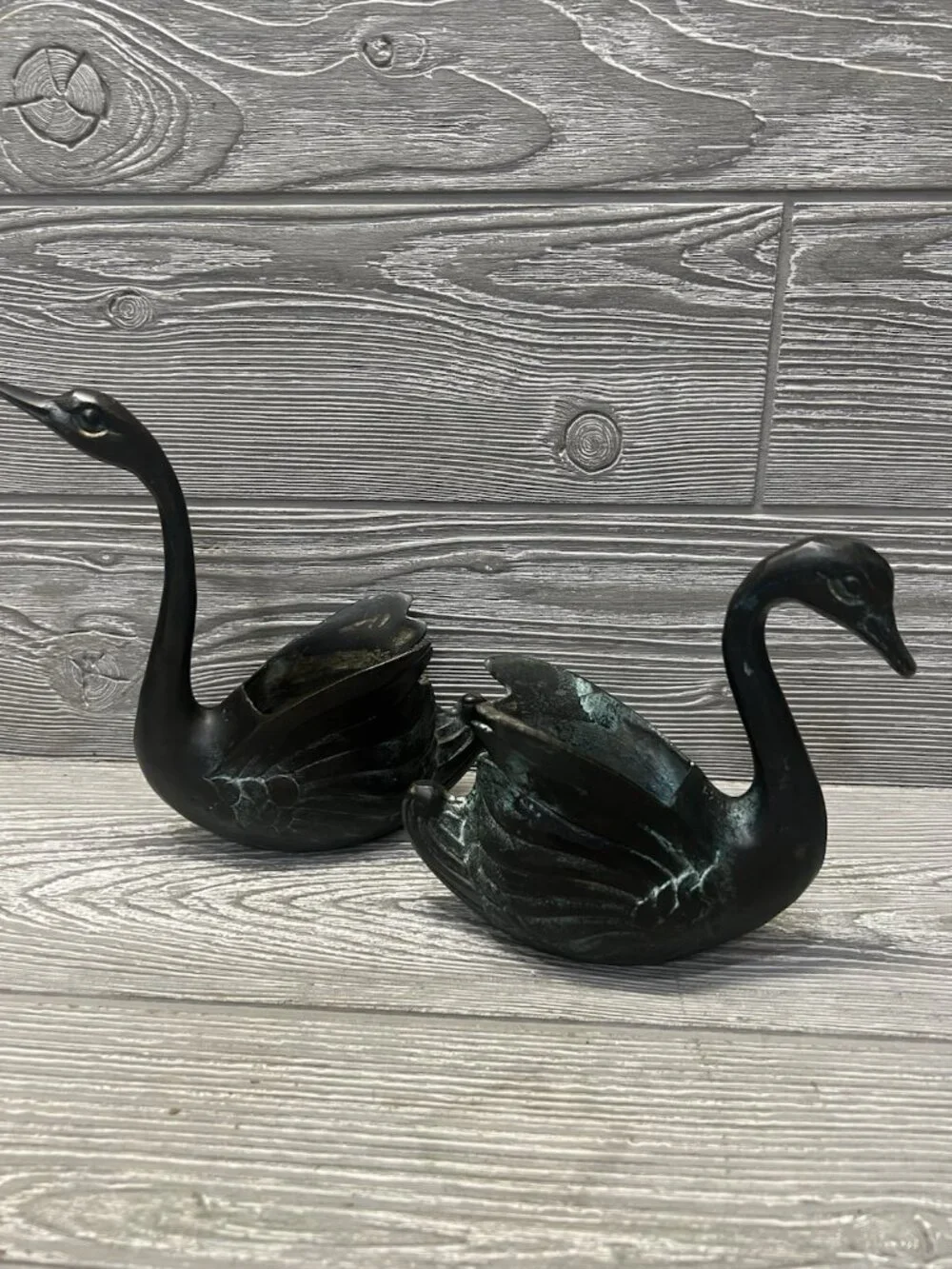 Decorative Swans Figurines Vases Set of 2 Bronze Look MCM Midcentury Decor Heavy